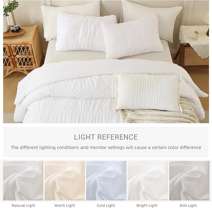 Lady Ann Queen Size Comforter Sets White Ruched Bedroom Sets, Fluffy Bedding Comforter Sets, Ultra Soft & Luxurious All Season Bed Sets for Women Men, 3pcs