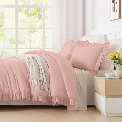 Andency Blush Pink Ruffle Comforter Queen, 3 Pieces Rustic Farmhouse Shabby Chic Comforter, All Season Soft Microfiber Down Alternative Bedding Comforter Set