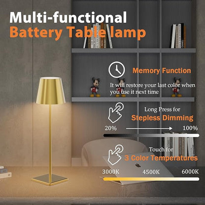 2 Pack Gold Cordless Table Lamp, 5500mAh Battery Powered Table Light Brass, 3 Color Temperatures Stepless Dimmable Rechargeable Table Lamps for Outdoor Restaurant Bedroom 2 Pack