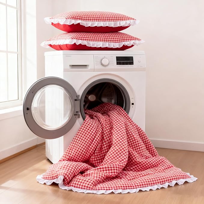 A Nice Night Comforter Set Full, 5 Pieces Lightweight Soft Rustic Red Ruffle Comforter, Plaid Checkered Chic Bedding Set with Pillow Shams