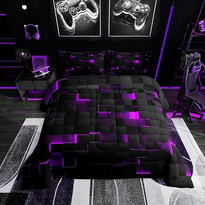 Erosebridal Black Purple Comforter Set King Neon Geometric Checkered Bedding Set for Girls Teen Women,Tereoscopic Grids Comforter Square Plaid Quilt Duvet Room Decor 3 Pcs