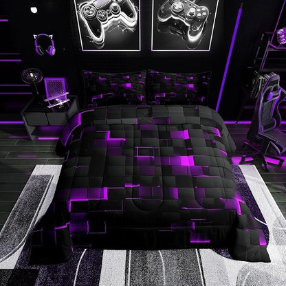 Erosebridal Black Purple Comforter Set King Neon Geometric Checkered Bedding Set for Girls Teen Women,Tereoscopic Grids Comforter Square Plaid Quilt Duvet Room Decor 3 Pcs