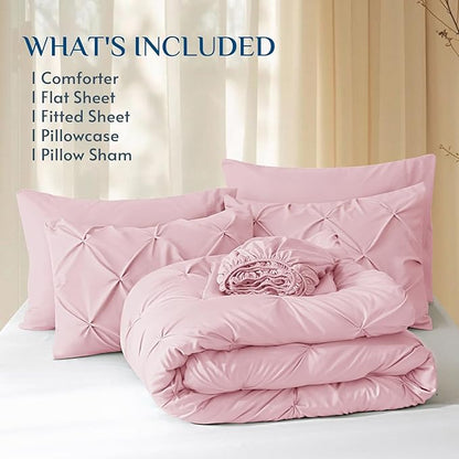 JOLLYVOGUE Twin Comforter Set 5 Pieces - Bed in a Bag Twin for All Season, Pintuck Bedding Comforter Sets with Comforter, Flat Sheet, Fitted Sheet and Pillowcases & Shams, Baby Pink