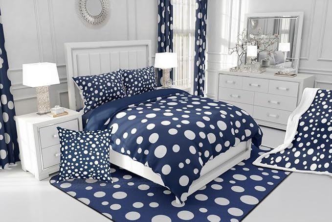 Manfei White Polka Dots Comforter Set Queen Size 3 Pcs,French Style Cute Dots Print Bedding Set,Geometric Circles Navy White Simple Quilt Set for Young Adults,2 Pillowcases