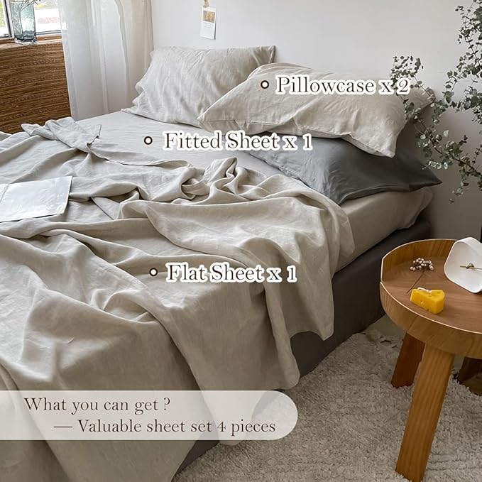Simple&Opulence Washed Linen Bed Sheet Set Basic Style 4 Pieces (1 Flat Sheet & 1 Fitted Sheet & 2 Pillowcases) 100% Natural French Flax Soft Breathable Farmhouse Bedding (King, Linen)