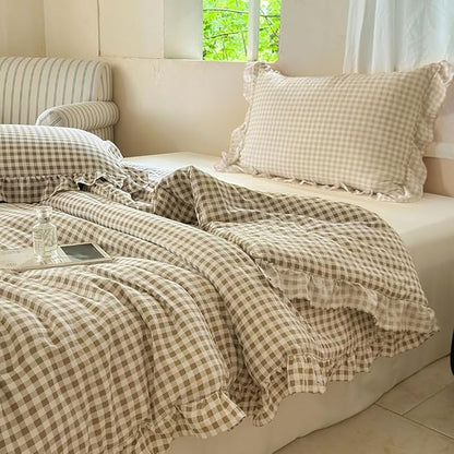 NSNLGSGC Tan Ruffle Gingham Comforter Set Twin, Pre-Washed Ruffled Taupe Plaid Checked Comforter Bedding, 2 Pieces Vintage Farmhouse Grid Bedding Set(Tan Gingham, Twin)