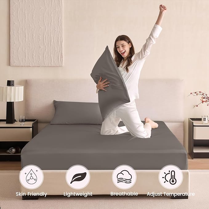 THXSILK 6A+ Top Grade 100% Pure Mulberry Silk Cal. King Fitted Sheet 3Pcs Set Bed Sheets Luxury Bedding for Hair and Skin Cooling Soft Durable, 1 Fitted Sheet with 2 Pillowcases, Charcoal