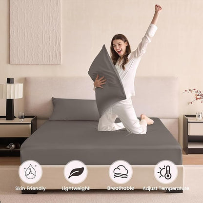 THXSILK 6A+ Top Grade 100% Pure Mulberry Silk Cal. King Fitted Sheet 3Pcs Set Bed Sheets Luxury Bedding for Hair and Skin Cooling Soft Durable, 1 Fitted Sheet with 2 Pillowcases, Charcoal