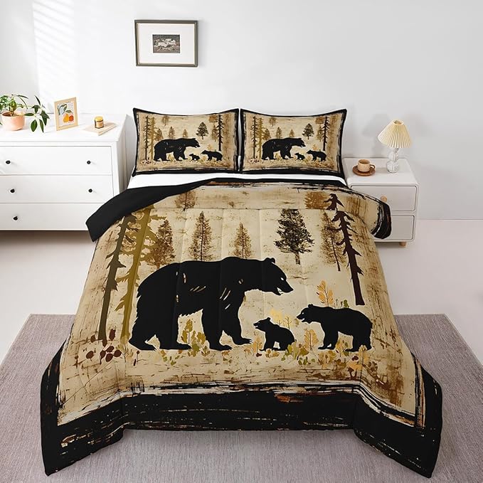 Feelyou Bear Bedding Set for Kids Toddler King Size Black Bears Comforter Set Boys Girls Cabin Rustic Farmhouse Bedding Set Wildlife Duvet Set 3Pcs