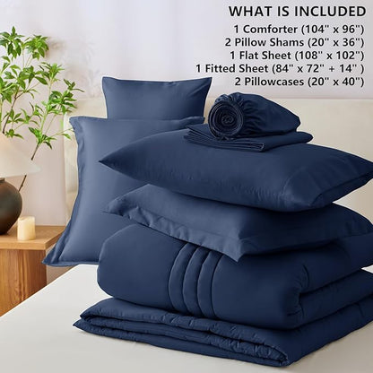 CozyLux California King Size Comforter Set - 7 Pieces Bed in a Bag Navy Blue Comforter Set with Sheets Cal King, Soft Bedding Set with Down Alternative Comforter, Sheets, Pillowcases & Shams