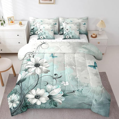 Feelyou Butterfly Comforter Set Twin Size 7 Pieces Vintage Floral Daisy Bedding Set for All Season Flower Botanical Nature Theme Bed in a Bag with Comforter, Sheets, Pillowcases & Cushion Cover