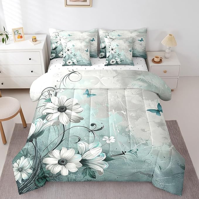 Feelyou Butterfly Comforter Set Full Size 7 Pieces Vintage Floral Daisy Bedding Set for All Season Flower Botanical Nature Theme Bed in a Bag with Comforter, Sheets, Pillowcases & Cushion Cover