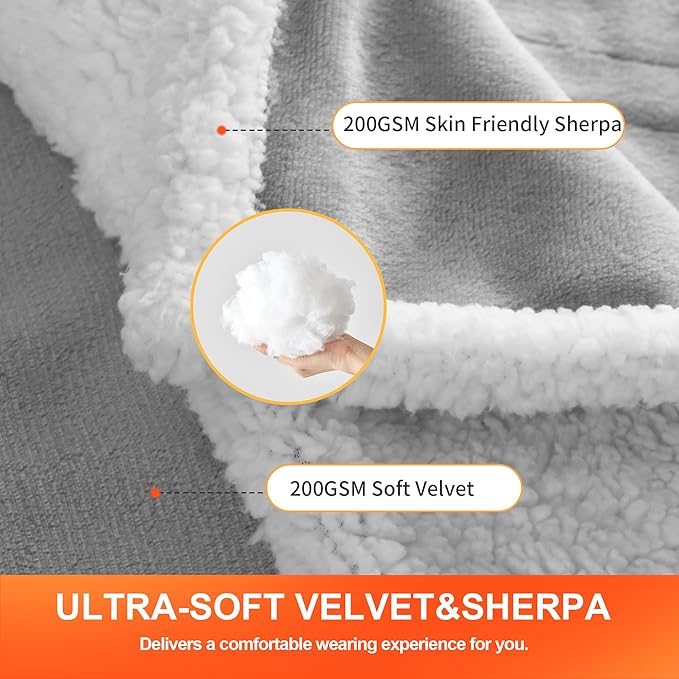 Myiosus Heated Blanket Wearable Shawl, Electric Wrap Poncho Blanket Hoodie with Pockets, Velvet & Sherpa Heating Throw with 6 Heating Levels & 4 Time Settings,Birthday Gifts for Mom, 50 x 64 Inch,Grey