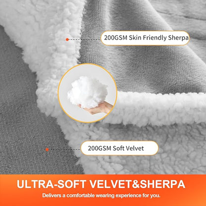 Myiosus Heated Blanket Wearable Shawl, Electric Wrap Poncho Blanket Hoodie with Pockets, Velvet & Sherpa Heating Throw with 6 Heating Levels & 4 Time Settings,Birthday Gifts for Mom, 50 x 64 Inch,Grey