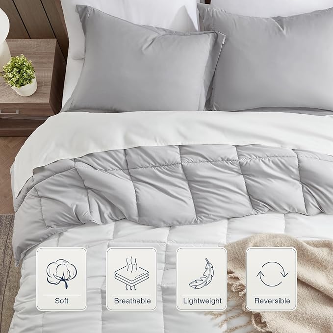 satisomnia Queen Comforter Set, White Grey Bedding Comforters Queen Size, 3 Pieces Down Alternative Bed Comforter Lightweight, Soft Quilted Bed Set Breathable, Reversible All Season Bedding Sets