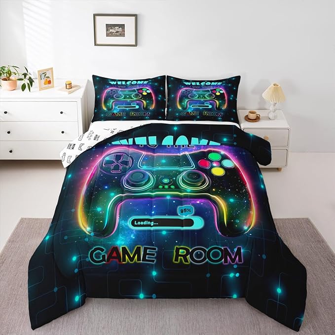 jejeloiu Cool Gamer Bedding Set Toddle Size for Boys 3D Gaming Comforter Set Kids Teens Bright Color Duvet Set Modern Game Console Quilt Set 2Pcs