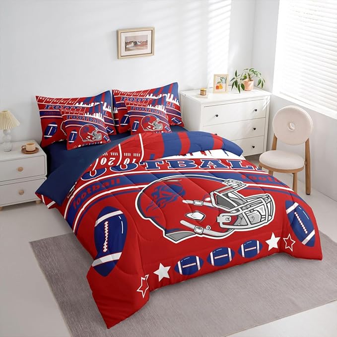 Feelyou Football 7 Pieces Comforter Sets King Size Kids Rugby Sports Bedding Set for All Season Football City Bed in a Bag with Comforter, Sheets, Pillowcases & Cushion Cover