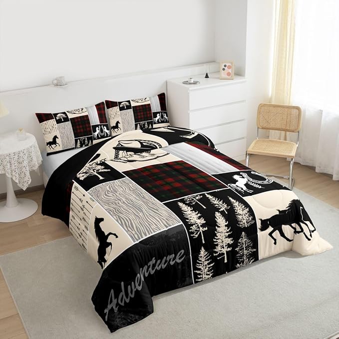 Erosebridal Southwest Horse Bedding Set for Kids, Western Horseshoe Comforter Set Cowboys Cowgirls Riding Boots Quilt for Boys Teens Adult, Forest Rustic Farmhouse Adventure Duvet Insert, Full Size