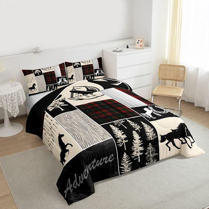 Erosebridal Southwest Horse Bedding Set for Kids, Western Horseshoe Comforter Set Cowboys Cowgirls Riding Boots Quilt for Boys Teens Adult, Forest Rustic Farmhouse Adventure Duvet Insert, Queen Size