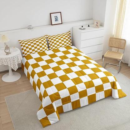 Feelyou Checkered Bedding Set Teen Women Men Yellow White Plaid Decoration Comforter Set Toddler Size Kids Boys Girls Cute Retro Neutral Grid Geometric Duvet Insert Vintage Aesthetic Room Decor