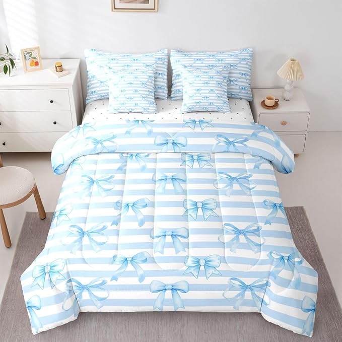 Erosebridal Bowknot Girls White Blue Kawaii Full Comforter Set 7 Pieces | Cute Bow Bed in A Bag for Bedroom Geometric Bedding Set with Comforters Stripe Room Decor