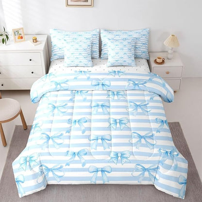 Erosebridal Bowknot Girls White Blue Kawaii Comforter Set Queen Size 7 Pieces | Cute Bow Bed in A Bag Geometric Bed Set Stripe Bedding