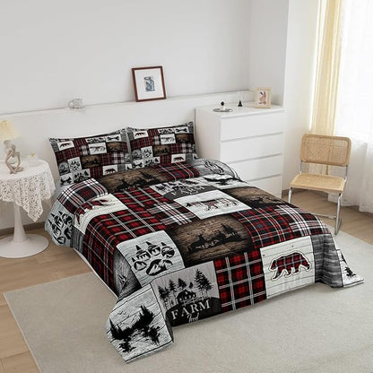 Bear Comforter for Teens Boys Girls Buffalo Plaid Check Bedding Sets for Cabin Camping Wild Farm Animal Elk Deer Duvet Insert Red Christmas Stripes Patchwork Quilt Hunting Theme Quilted Duvet,Twin