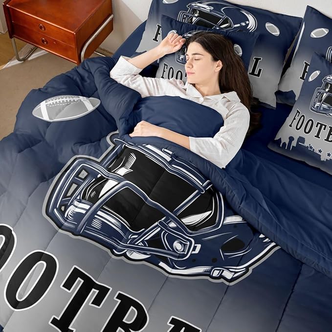 Erosebridal American Soccer Bed in A Bag Football City Queen 7 Pcs Bedding Set for Kids Boys Girls,Sports Rugby Comforter Set with Sheets for Ball Fans Gift,Competitive Ball Games Bed Set
