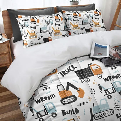 Boys Construction Comforter Set for Kids Teens Full, Hand Drawn Car Excavator Truck Bedding Sets Water Washed Microfiber Bedding with 1 Comforter 2 Pillowcases All Season