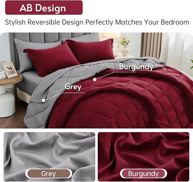MUXHOMO 5 Pieces Twin XL Comforter Set, Reversible Bed in a Bag Twin XL Size, All Season Bedding Set with Comforter, Flat Sheet, Fitted Sheet, Pillowcases & Shams, Burgundy & Grey