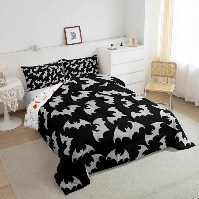 Erosebridal Gray Bat Toddler Comforter Halloween Bat Bedding Set Spooky Goth Gothic Animal Duvet Insert Horror Halloween Bed Sets for Kids Teens Adults