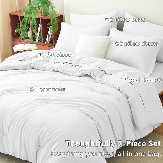 CozyLux King Comforter Set White, 7 Pieces Bed in a Bag Soft Bedding Comforter Set with Sheets, All Season Boho 7PC Bed Sets with Comforter, Fitted Sheets, Flat Sheets, Pillow Shams and Pillowcases