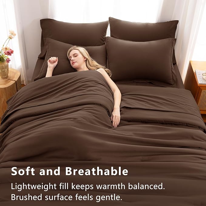 CozyLux King Size Comforter Set Brown, 7 Pieces Bed in a Bag King Comforter Set with Sheets, Soft Bedding Set with Down Alternative Comforter, Fitted Sheets, Flat Sheets, Pillow Shams and Pillowcases