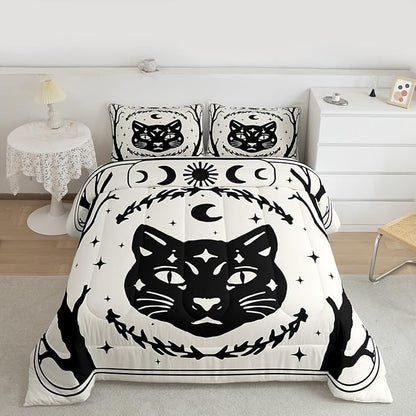 Erosebridal Gothic Cat Comforter Set Full, Halloween Cat Decor Bedding Set for Kids Boys Teens Men Gothic Bedroom Decor, Goth Comforter, Sun and Moon Quilt, 3 Piece with 2 Pillowcases