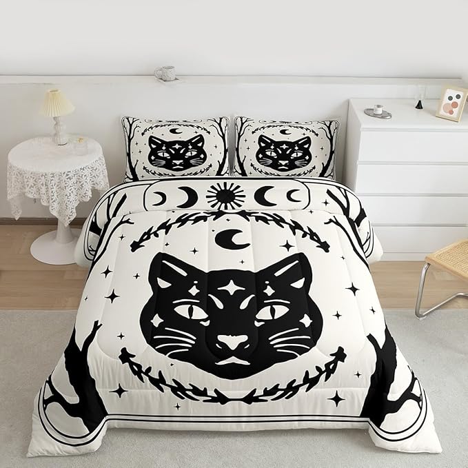 Erosebridal Gothic Cat Comforter Set King, Halloween Cat Decor Bedding Set for Kids Boys Teens Men Gothic Bedroom Decor, Goth Comforter, Sun and Moon Quilt, 3 Piece with 2 Pillowcases