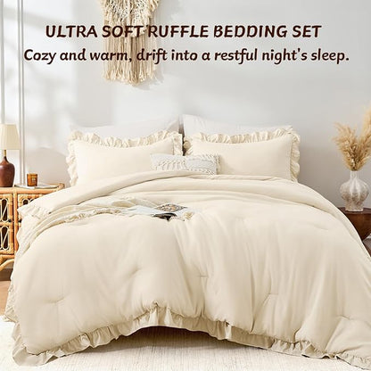 FUANNA Full Size Comforter Sets Cream White, 3 Pieces Ruffle Full Size Bedding Sets, Fluffy Bed in a Bag Full for All Seasons, Shabby Chic Full Bed Set with 1 Lightweight Comforter & 2 Pillowshams