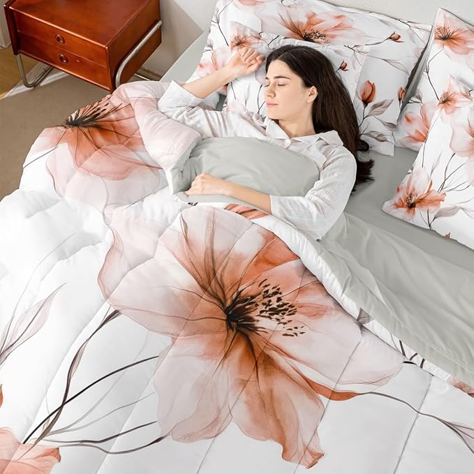 Erosebridal Boho Flower Comforter Set with Sheets Full, Orange Floral 7 Pieces Bedding Set for Young Women Girls, Watercolor Flower Artistic Bed Sets, Ink Painting Style Blossom & Leaf Bed in A Bag