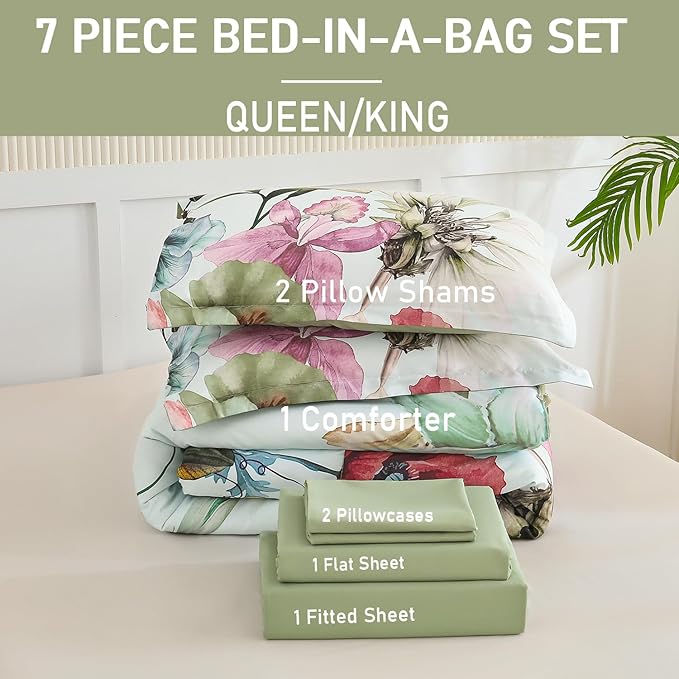 Yogeneg Queen Comforter Set 7 Piece Bed in a Bag,Elegant Floral Botanical Pattern Green Bedding Set,Soft Microfiber Comforter with Sheet Set,All Season Bed Set(Green Floral,Queen)