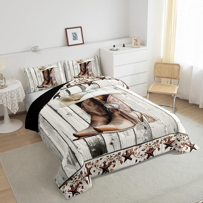 Erosebridal Western Texas Star Comforter Set King Size, Rustic Horseshoe Bedding Set Country Wooden Door Quilt for Kids Teens Adult Men Bedroom, Retro Cowboy Farmhouse Bedding Comforter Sets