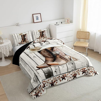 Erosebridal Western Texas Star Comforter Set King Size, Rustic Horseshoe Bedding Set Country Wooden Door Quilt for Kids Teens Adult Men Bedroom, Retro Cowboy Farmhouse Bedding Comforter Sets