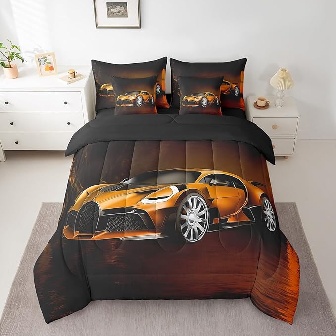 Feelyou Race Car 7 Piece Bedding Set Toddler Full, Orange Racecar Bed in a Bag for Kids Boys Girls Comforter Set with Sheets Cool Speed Sports Car Bedroom Decor 7 with 2 Pillowcases
