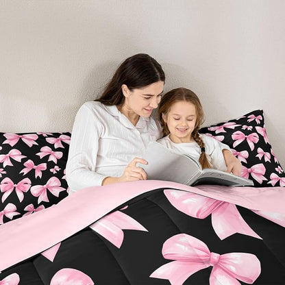 Feelyou Pink Bow Comforter Set All Season Cute Bowknot Bedding Set with 2 Pillow Cases Kawaii Black Pink Kids King Bedclothes Princess Decor Bedroom Decor Duvet Quilt Breathable Soft Lightweight