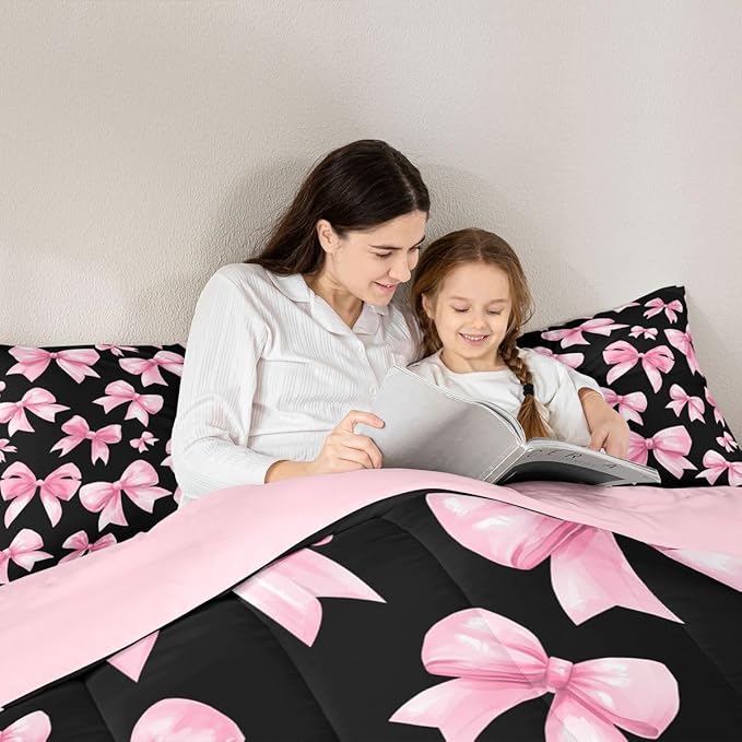 Feelyou Pink Bow Comforter Set All Season Cute Bowknot Bedding Set with 2 Pillow Cases Kawaii Black Pink Kids Full Bedclothes Princess Decor Bedroom Decor Duvet Quilt Breathable Soft Lightweight