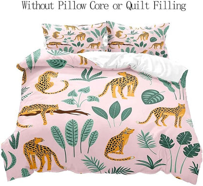 LUVIVIHOME 3PCS Leopard Duvet Cover Full Bedding Set, Boho Aesthetic Palm Leaf Monstera Plant Cactus Botanical Tropical Jungle Safari Animals Cheetah Print Light Pink Comforter Cover, 2 Pillow Cases
