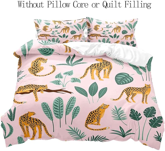 LUVIVIHOME 3PCS Leopard Duvet Cover Queen Bedding Sets, Boho Aesthetic Palm Leaf Monstera Plant Cactus Botanical Tropical Jungle Safari Animals Cheetah Print Light Pink Comforter Cover, 2 Pillow Cases