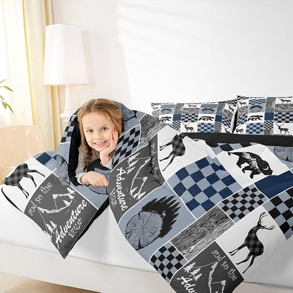 Adult Cabin Comforter Set Twin, Retro Rustic Lodge Bedding Set Bear Deer Elk Duvet Insert Country Checkered Buffalo Plaid Patchwork Down Comforter Christmas Deer Decorations Indoor, Blue Grey
