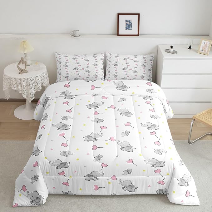Erosebridal Lovely Elephant Comforter Set for Kids Girls Boys Teens Bedroom,Love Heart Down Comforter for All Season, Kawaii Animal Bedding Set, Cartoon Style Triangle Quilt Toddler Size