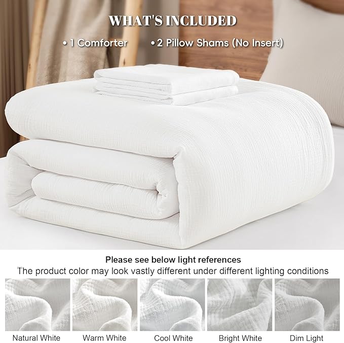 PHF Cotton Muslin Comforter Set Queen Size, Ultra Soft, Breathable & Lightweight All-Season Bedding, Filling: 100% Polyester, 3 Pieces with 1 Comforter 90"x90" and 2 Pillow Shams 20"x26", White