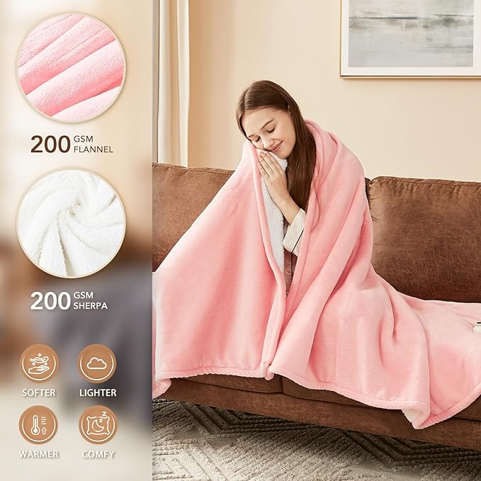 Homemate Electric Heated Blanket Queen Size - 84"x90" Heating Blanket Queen Size Dual Control 1/2/4/6/8 Hours Auto-Off 10 Heat Level Over-Heat Protection Flannel Sherpa ETL Certification