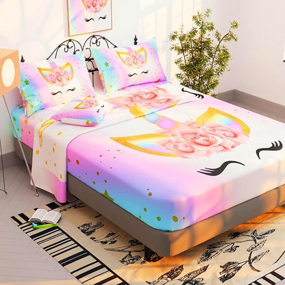 6 Pieces Unicorn Comforter Sets,3D Pink Unicorn Pattern,Decorative 6 Piece Bedding Sets with Comforter,Flat Sheet,Fitted Sheet,Throw Pillow Cover,Pillow Shams,Twin Size